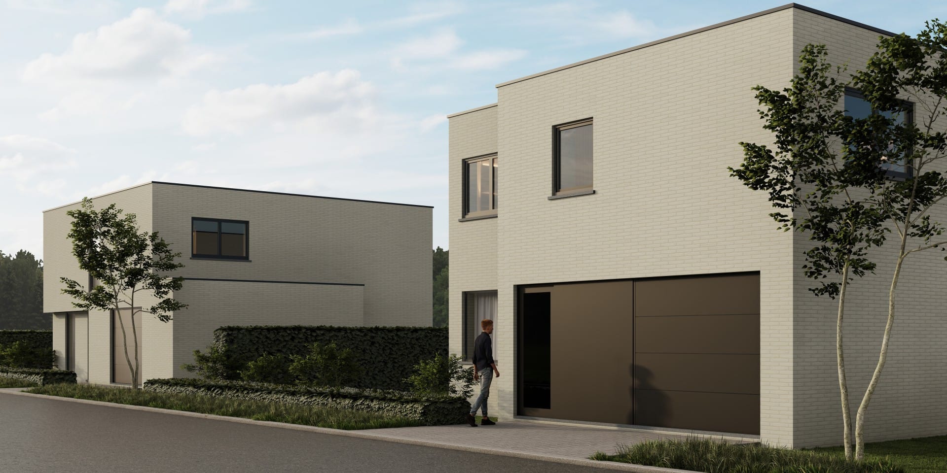 3D-render van het project Hofstade Wacheneveld met twee strakke kubuswoningen in witte gevelsteen.