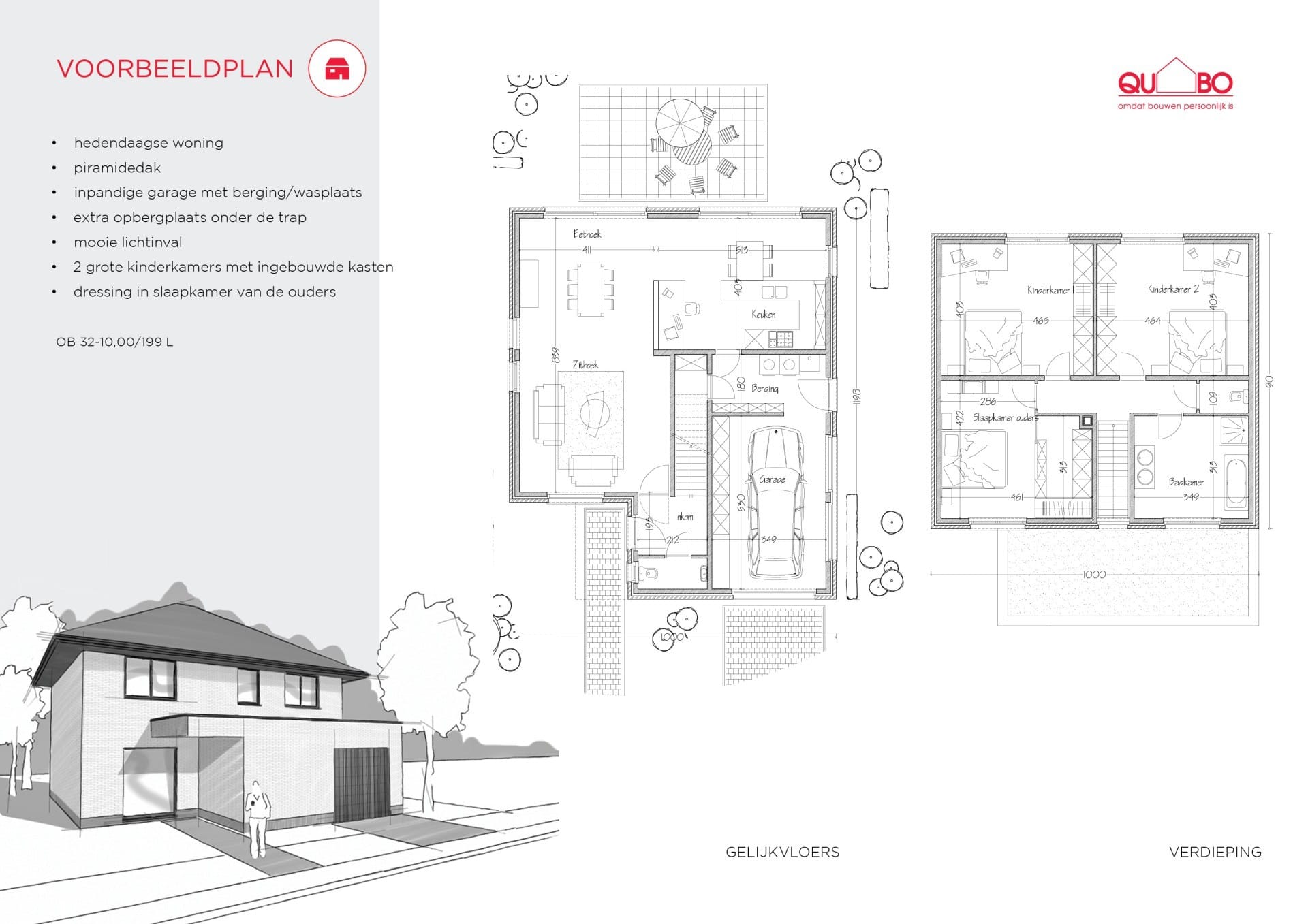 Render van een modern woningplan met strakke gevels, overdekte voordeur en drie slaapkamers.
