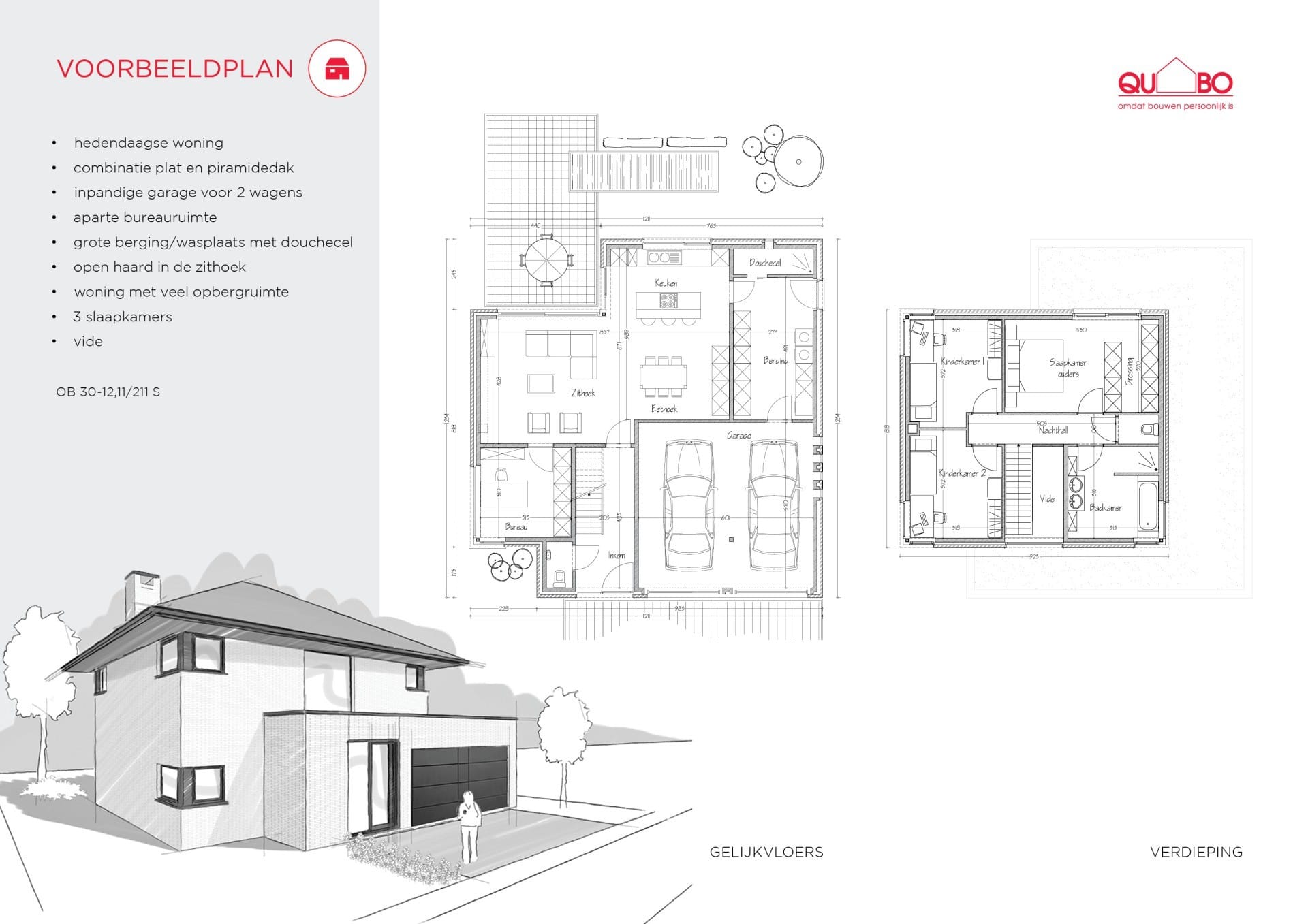 Eigentijdse woning met dubbele garage en grote raampartijen.