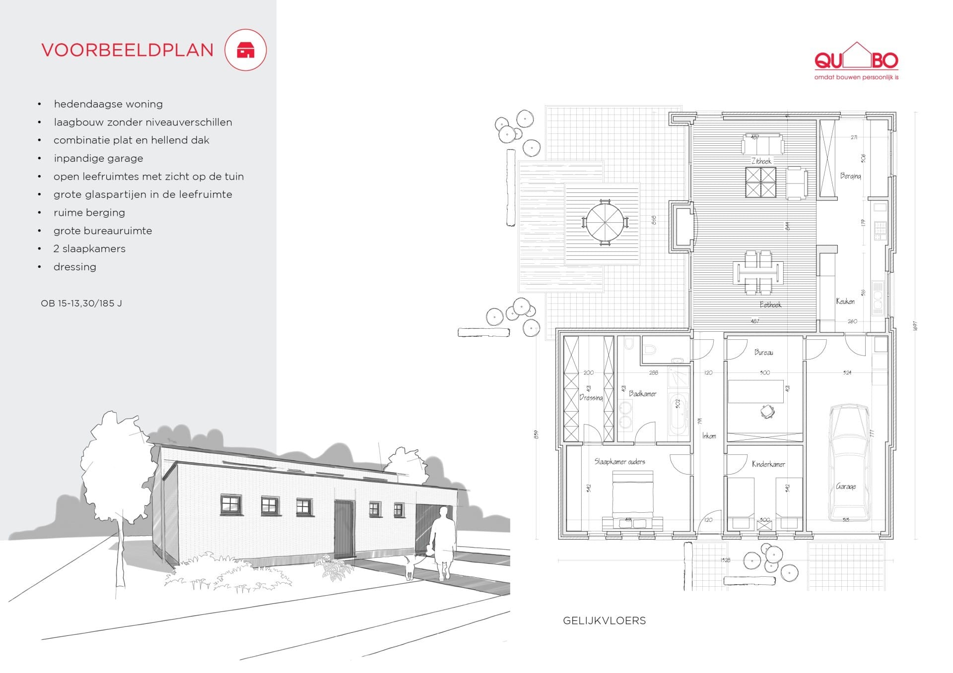 Render van een moderne laagbouw met lessenaarsdak, doorkijk en dressing.