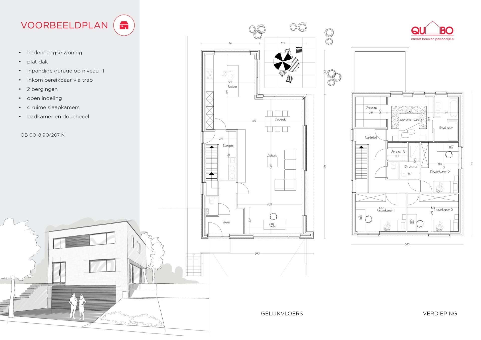 Grote moderne woning met loftgevoel, vier slaapkamers en tuinzicht.