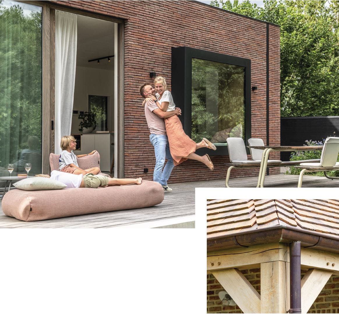 Buitenbeeld van een Qubo-woning met eiken bijgebouw en warme houttoetsen.
